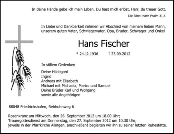 Anzeige von Hans Fischer von Schwäbische Zeitung