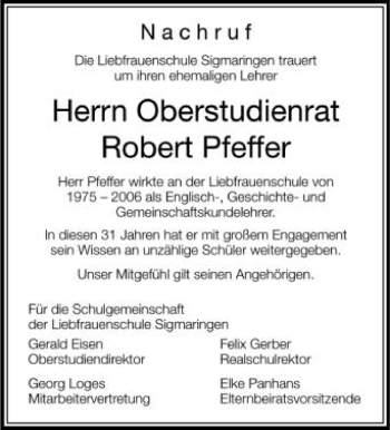Anzeige von Robert Pfeffer von Schwäbische Zeitung