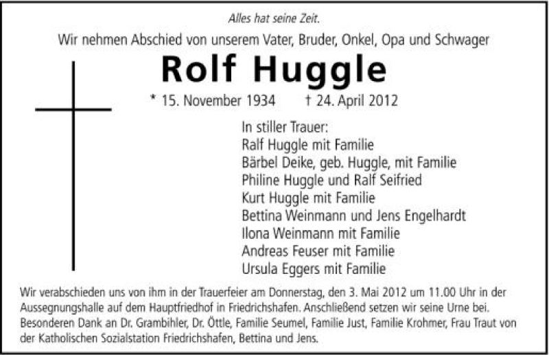  Traueranzeige für Rolf Huggle vom 02.05.2012 aus Schwäbische Zeitung
