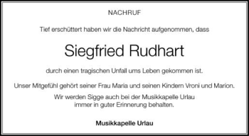 Anzeige von Siegfried Rudhart von Schwäbische Zeitung