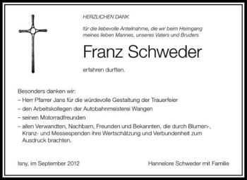Anzeige von Franz Schweder von Schwäbische Zeitung