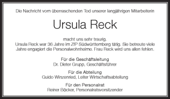 Anzeige von Ursula Reck von Schwäbische Zeitung