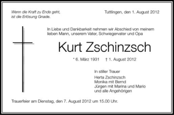 Anzeige von Kurt Zschinzsch von Schwäbische Zeitung