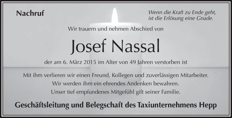  Traueranzeige für Josef Nassal vom 14.03.2015 aus Schwäbische Zeitung