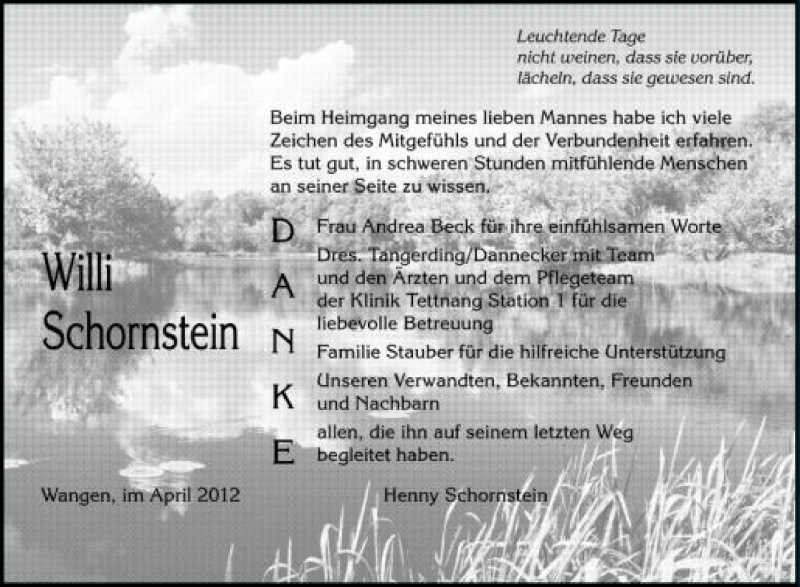  Traueranzeige für Willi Schornstein vom 21.04.2012 aus Schwäbische Zeitung