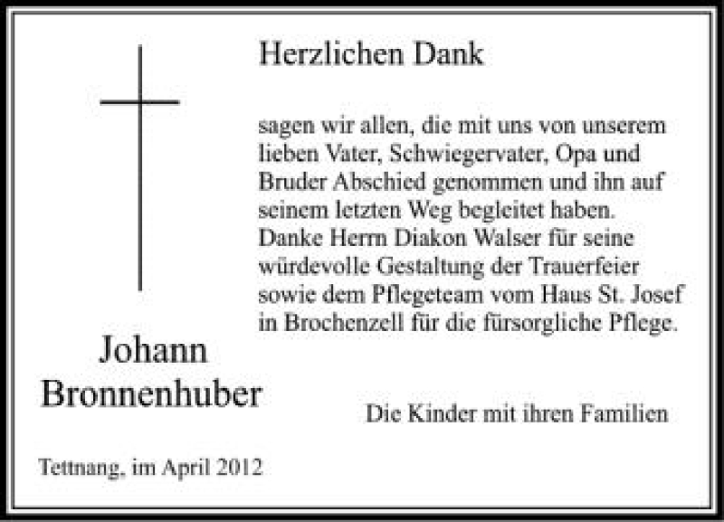  Traueranzeige für Johann Bronnenhuber vom 14.04.2012 aus Schwäbische Zeitung