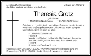 Anzeige von Theresia Grotz von Schwäbische Zeitung