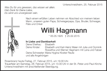 Anzeige von Willi Hagmann von Schwäbische Zeitung