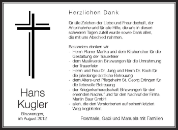 Anzeige von Hans Kugler von Schwäbische Zeitung
