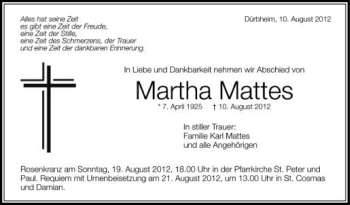 Anzeige von Martha Mattes von Schwäbische Zeitung