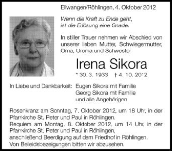 Anzeige von Irena Sikora von Schwäbische Zeitung