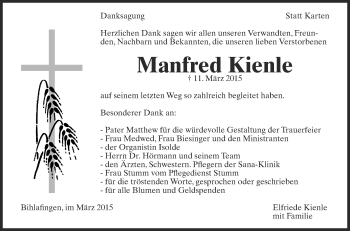 Anzeige von Manfred Kienle von Schwäbische Zeitung