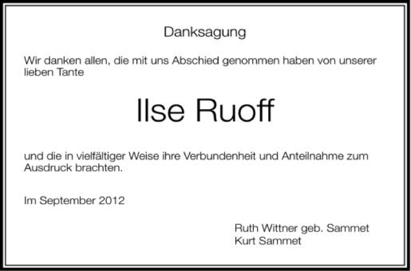  Traueranzeige für Ilse Ruoff vom 04.10.2012 aus Schwäbische Zeitung