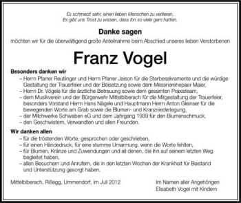Anzeige von Franz Vogel von Schwäbische Zeitung