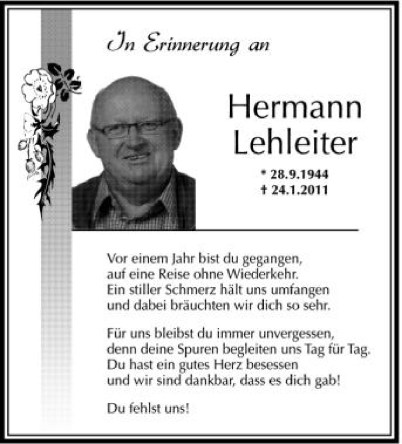  Traueranzeige für Hermann Lehleiter vom 24.01.2012 aus Schwäbische Zeitung