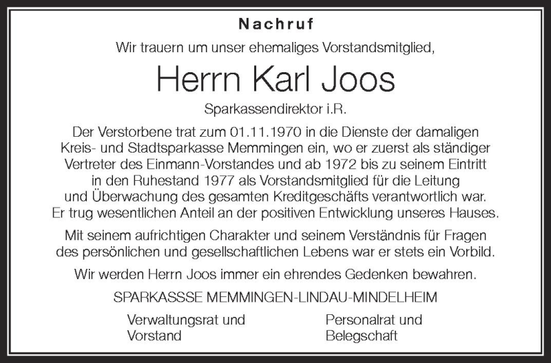  Traueranzeige für Karl Joos vom 15.06.2012 aus Schwäbische Zeitung