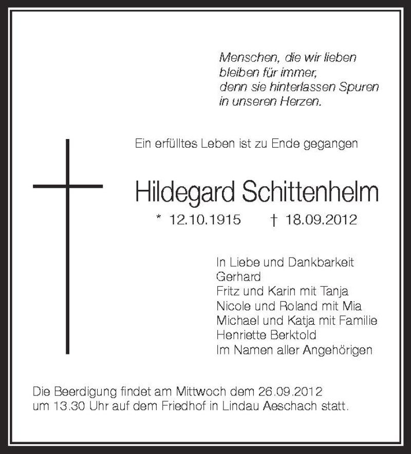  Traueranzeige für Hildegard Schittenhelm vom 22.09.2012 aus Schwäbische Zeitung