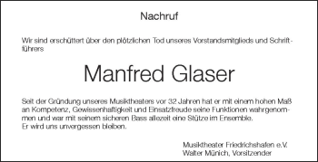 Anzeige von Manfred Glaser von Schwäbische Zeitung