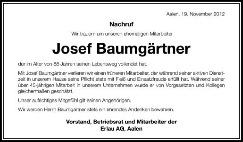  Traueranzeige für Josef Baumgärtner vom 19.11.2012 aus Schwäbische Zeitung