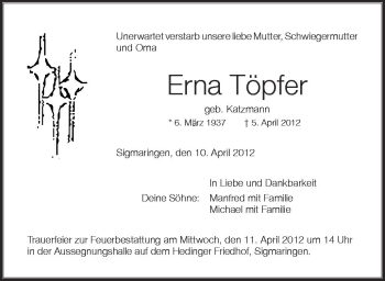Anzeige von Erna Töpfer von Schwäbische Zeitung