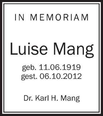 Anzeige von Luise Mang von Schwäbische Zeitung