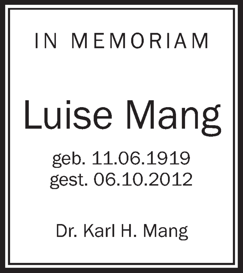  Traueranzeige für Luise Mang vom 08.10.2016 aus Schwäbische Zeitung