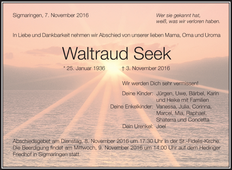  Traueranzeige für Waltraud Seek vom 07.11.2016 aus Schwäbische Zeitung
