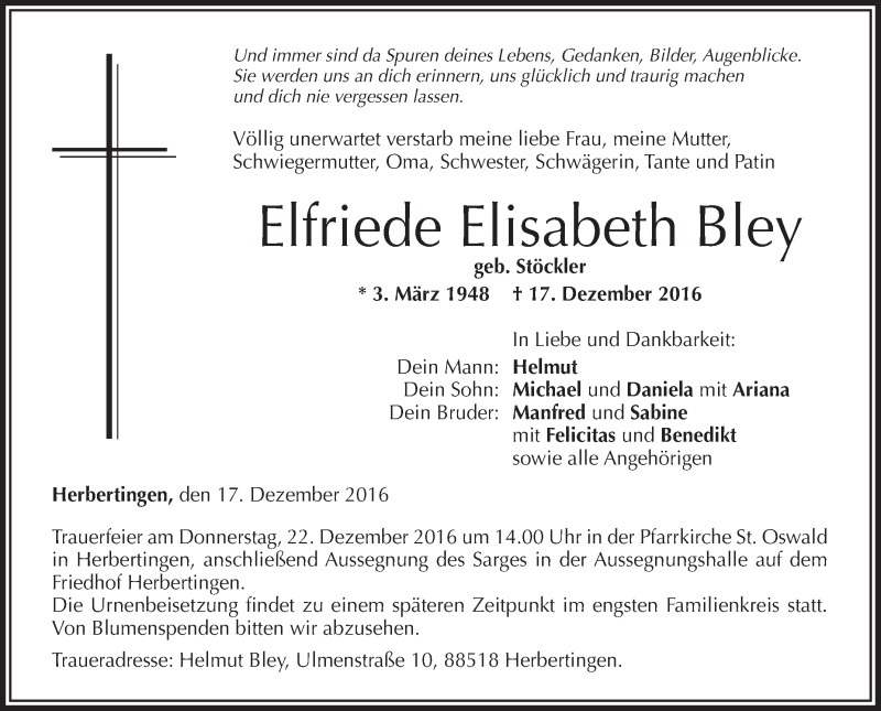  Traueranzeige für Elfriede Elisabeth Bley vom 21.12.2016 aus Schwäbische Zeitung