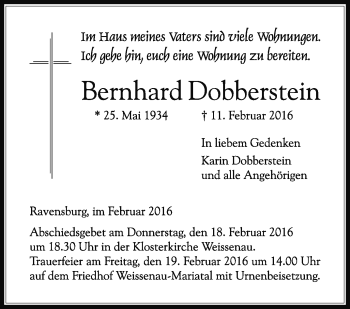 Anzeige von Bernhard Dobberstein von Schwäbische Zeitung