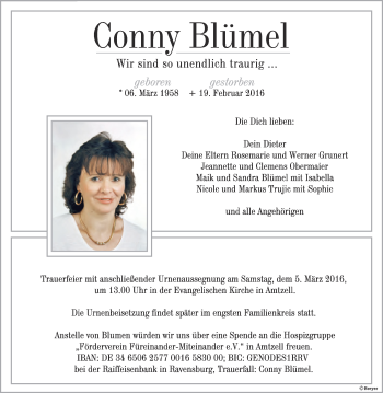 Anzeige von Conny Blümel von Schwäbische Zeitung