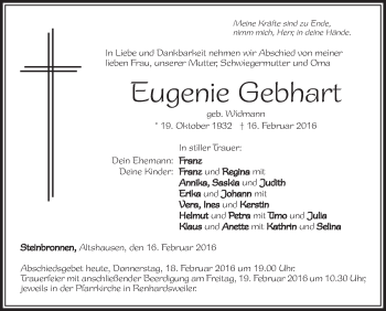 Anzeige von Eugenie Gebhart von Schwäbische Zeitung