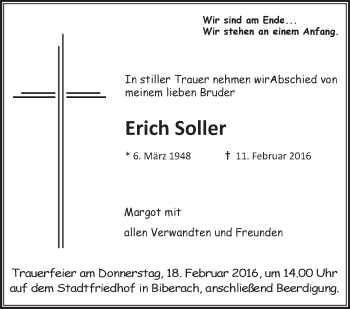 Anzeige von Erich Soller von Schwäbische Zeitung