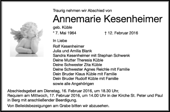 Anzeige von Annemarie Kesenheimer von Schwäbische Zeitung