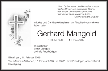 Anzeige von Gerhard Mangold von Schwäbische Zeitung