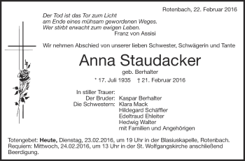 Anzeige von Anna Staudacker von Schwäbische Zeitung