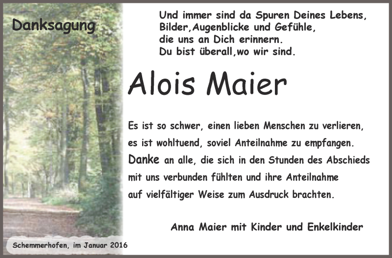  Traueranzeige für Alois Maier vom 23.01.2016 aus Schwäbische Zeitung