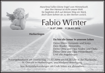 Anzeige von Fabio Winter von Schwäbische Zeitung
