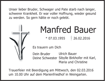 Anzeige von Manfred Bauer von Schwäbische Zeitung