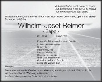 Anzeige von Wilhelm-Josef Reimer von Schwäbische Zeitung