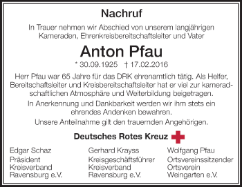 Anzeige von Anton Pfau von Schwäbische Zeitung