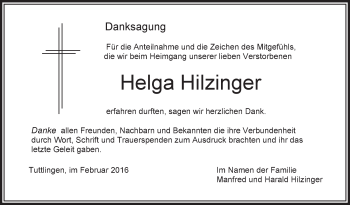 Anzeige von Helga Hilzinger von Schwäbische Zeitung