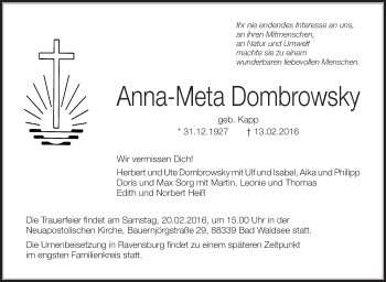 Anzeige von Anna-Meta Dombrowsky von Schwäbische Zeitung