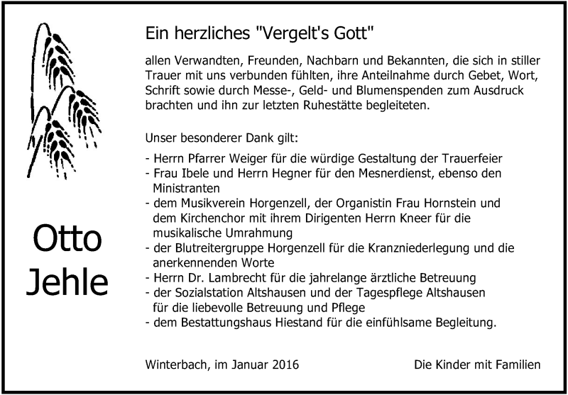  Traueranzeige für Otto Jehle vom 30.01.2016 aus Schwäbische Zeitung
