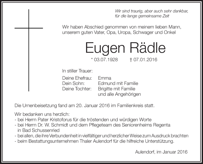  Traueranzeige für Eugen Rädle vom 22.01.2016 aus Schwäbische Zeitung