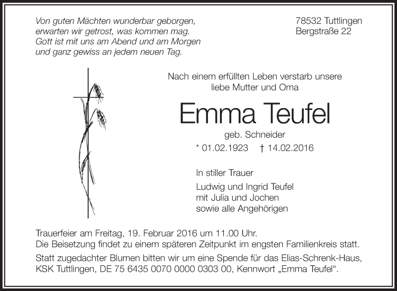  Traueranzeige für Emma Teufel vom 17.02.2016 aus Schwäbische Zeitung