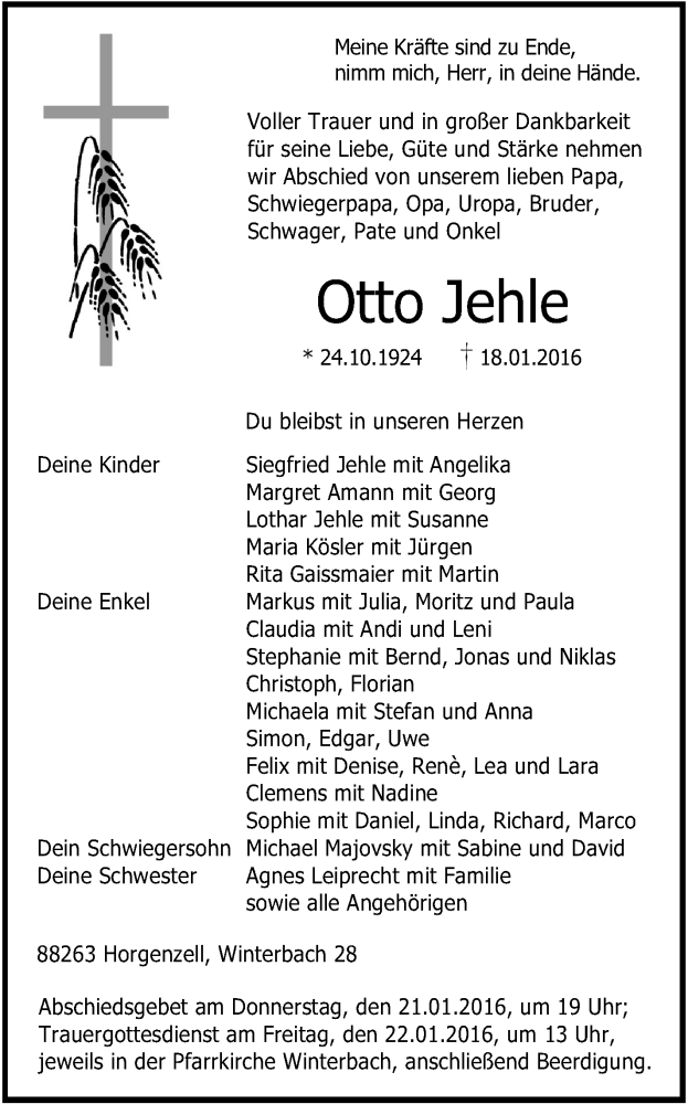  Traueranzeige für Otto Jehle vom 20.01.2016 aus Schwäbische Zeitung