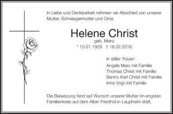 Anzeige von Helene Christ von Schwäbische Zeitung