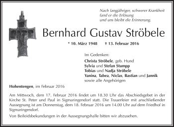 Anzeige von Bernhard Gustav Ströbele von Schwäbische Zeitung