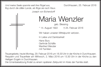 Anzeige von Maria Wenzler von Schwäbische Zeitung