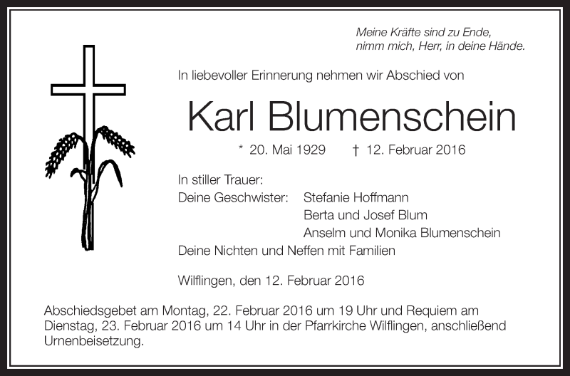 Traueranzeige für Karl Blumenschein vom 20.02.2016 aus Schwäbische Zeitung